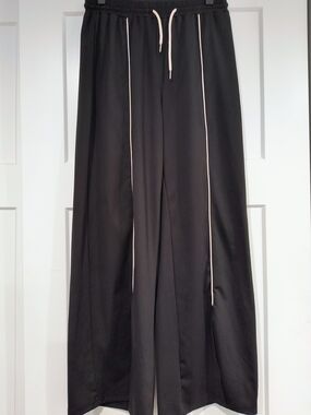 Women's Black Wide-Leg Flare Pants with Contrast Piping